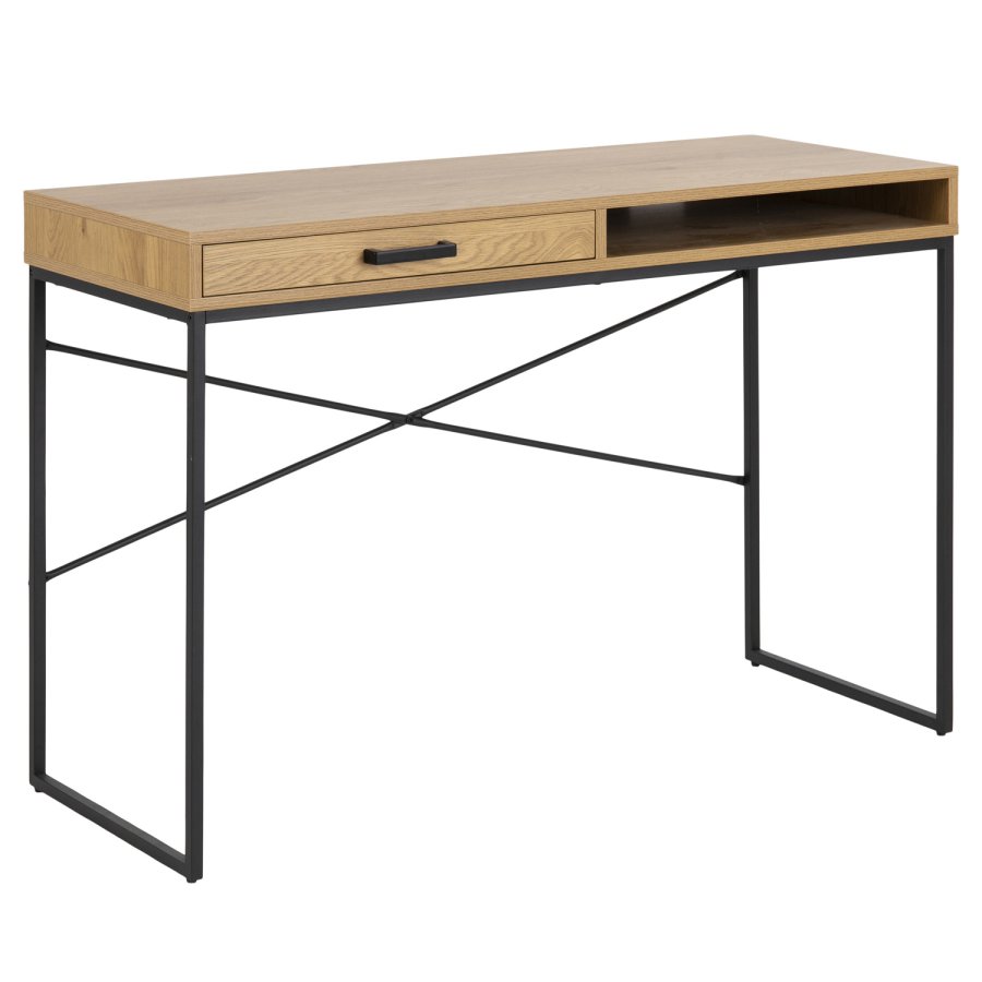 ACT NORDIC Seaford skrivebord, m. 1 hylde og 1 skuffe - papir vild eg sort metal (110x45)