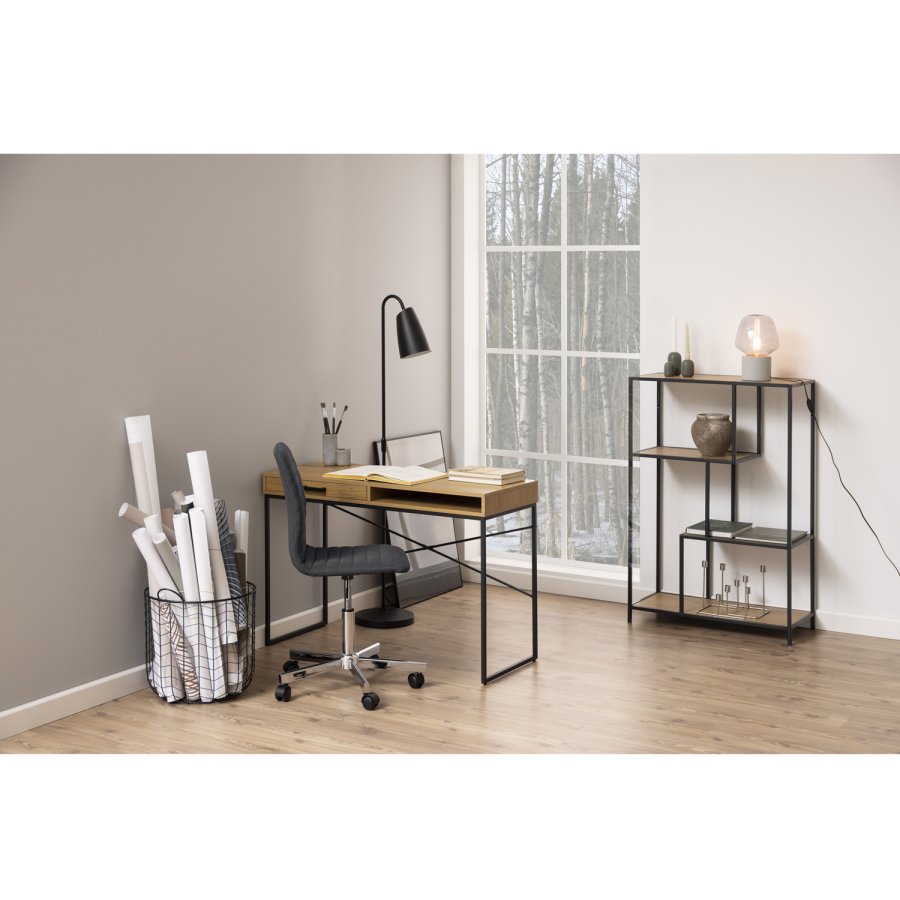 ACT NORDIC Seaford skrivebord, m. 1 hylde og 1 skuffe - papir vild eg sort metal (110x45)