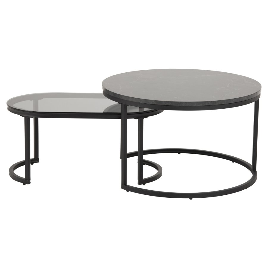 ACT NORDIC Spiro sofabordsst - sort melamin m. marmor print/rgfarvet glas og sort metal (st af 2)