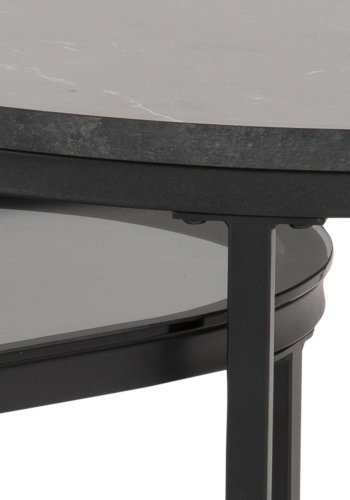 ACT NORDIC Spiro sofabordsst - sort melamin m. marmor print/rgfarvet glas og sort metal (st af 2)