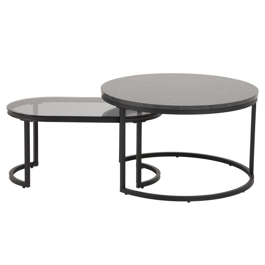 ACT NORDIC Spiro sofabordsst - sort melamin m. marmor print/rgfarvet glas og sort metal (st af 2)