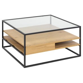 ACT NORDIC Randolf sofabord, m. 2 hylder - klar glas, natur vild eg melamin, mat sort stl (80x80)