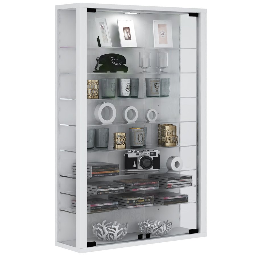 Vitrosa Mini vgskab med LED, m. 2 lger og 8 hylder - glas og hvid tr