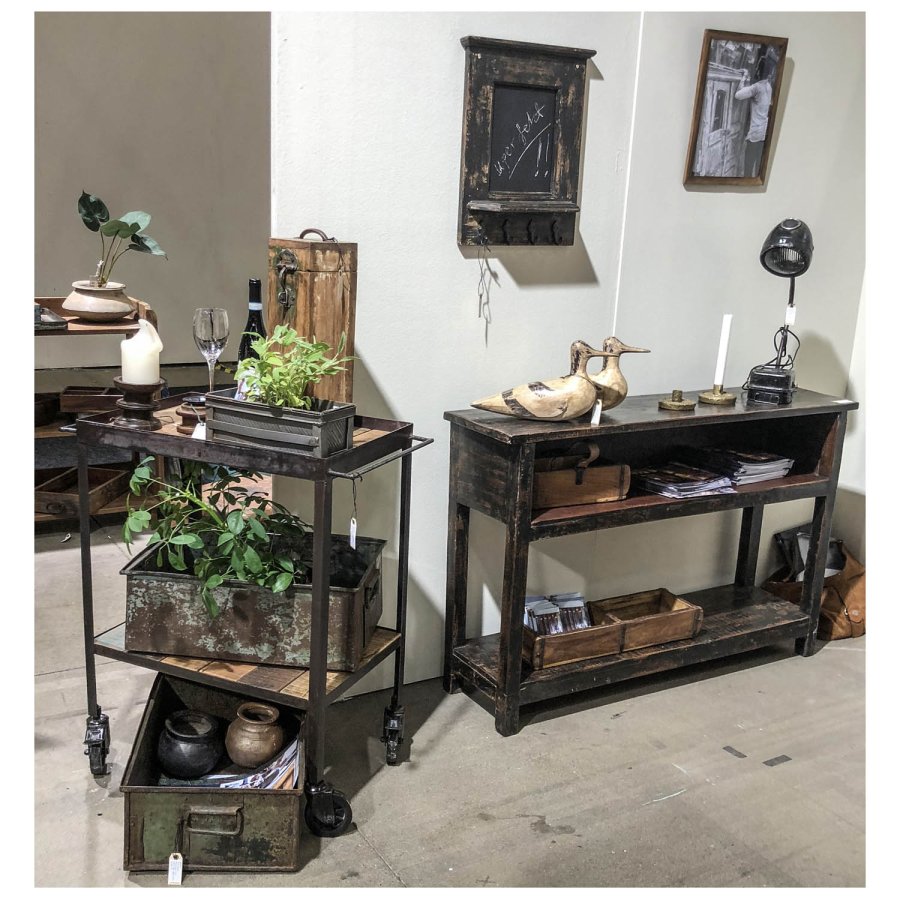 SJÄLSÖ NORDIC rektangulr barvogn, m. hjul - genbrugstr og sort jern (83x40)