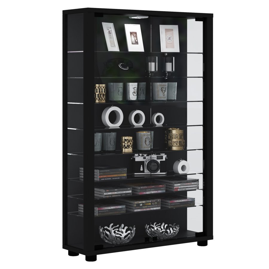 Lumo Mini skab med LED, m. 2 lger og 8 hylder - glas og sort tr