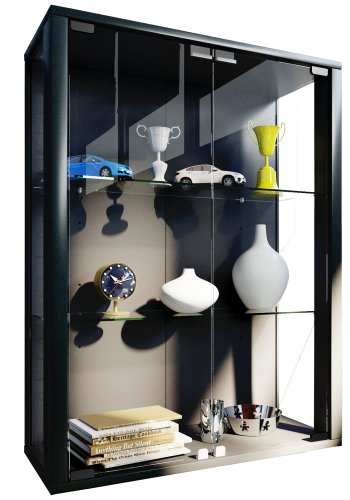 Udina vgskab med LED, m. 2 lger og 2 hylder - glas og sort tr