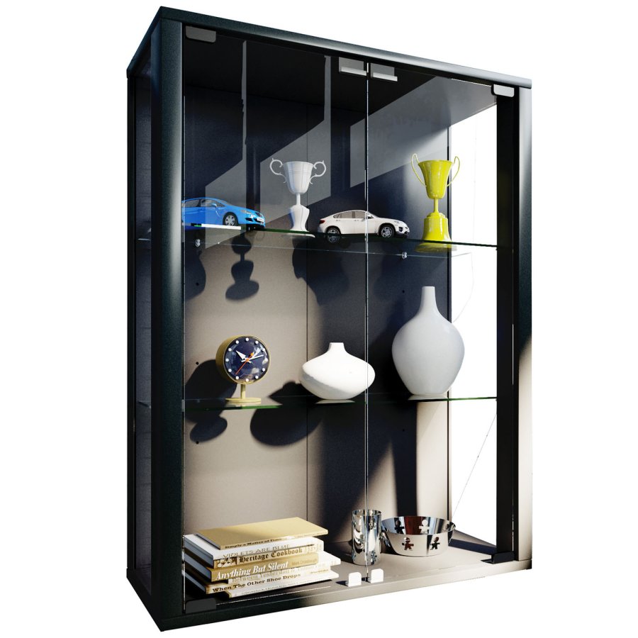 Udina vgskab med LED, m. 2 lger og 2 hylder - glas og sort tr