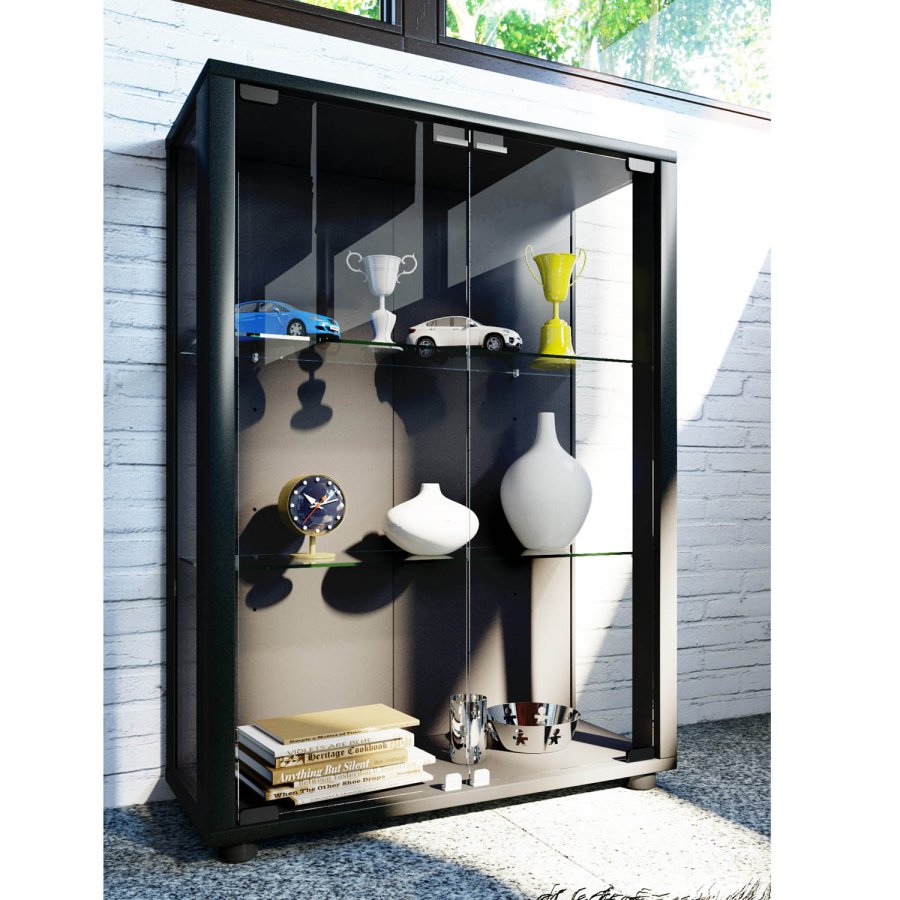 Sintalo skab uden LED, m. 2 lger og 2 hylder - glas og sort tr