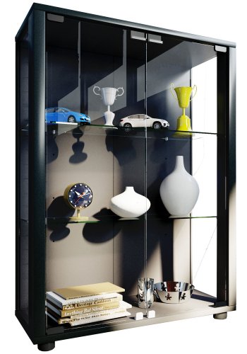 Sintalo skab med LED, m. 2 lger og 2 hylder - glas og sort tr