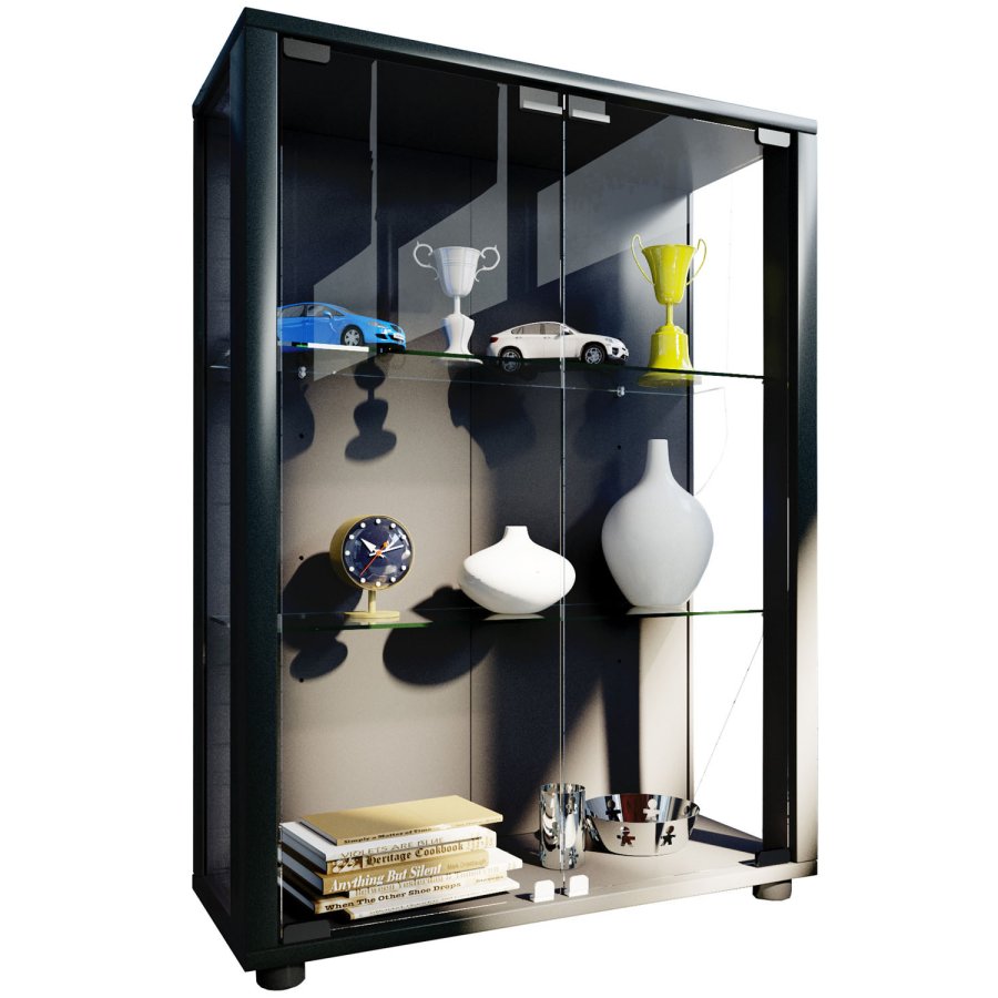 Sintalo skab med LED, m. 2 lger og 2 hylder - glas og sort tr