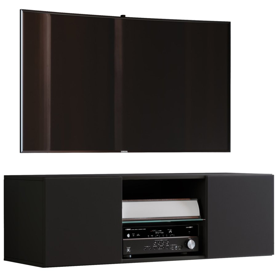 Jusa 115 TV-vgskab, m. 2 lger og 1 hylde - glas og sort tr