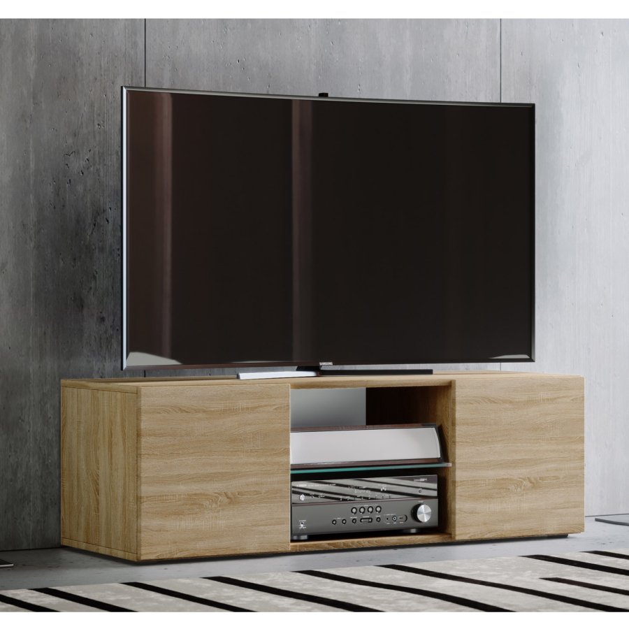 Lowina 115 TV-bord, m. 2 lger og 1 hylde - glas og natur tr
