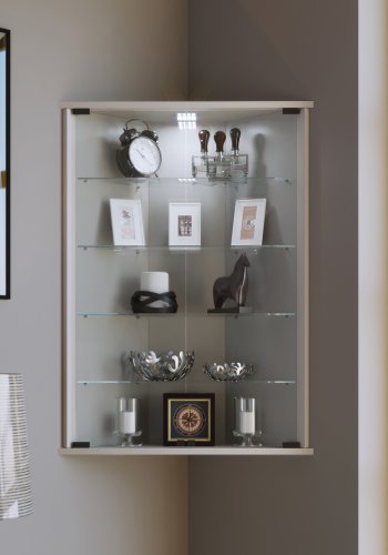 Vecko hjrneskab med ben, m. 2 lger og 4 hylder - glas og hvid tr