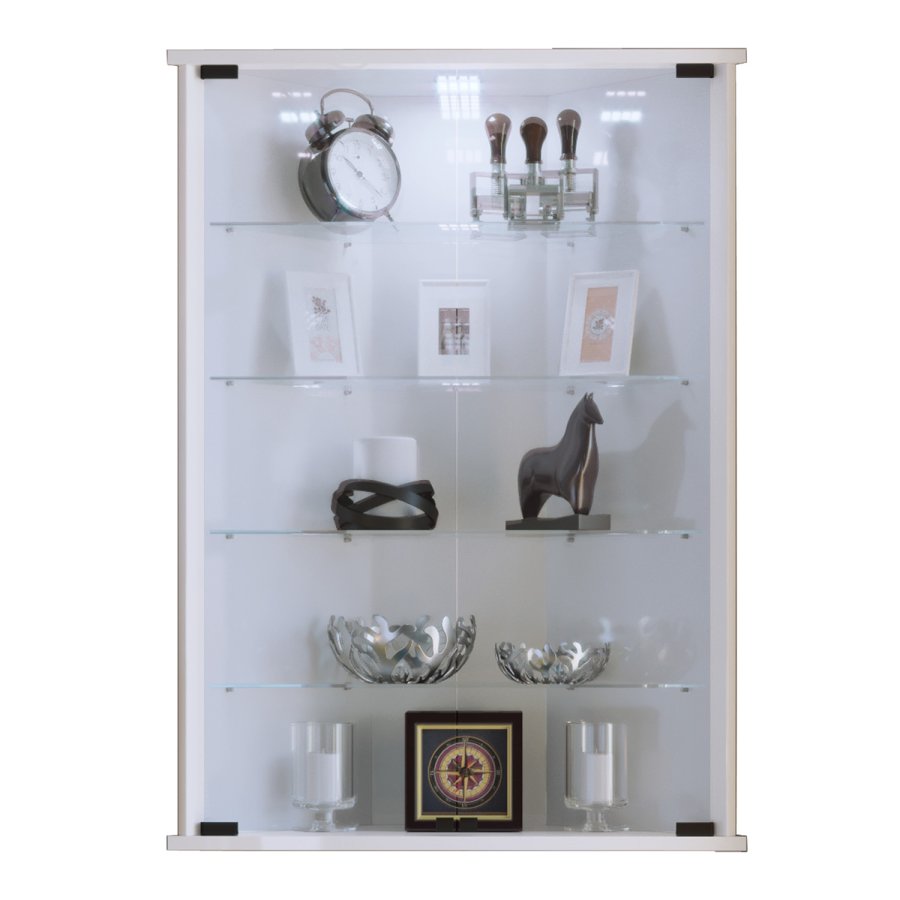 Vecko hjrneskab med ben, m. 2 lger og 4 hylder - glas og hvid tr