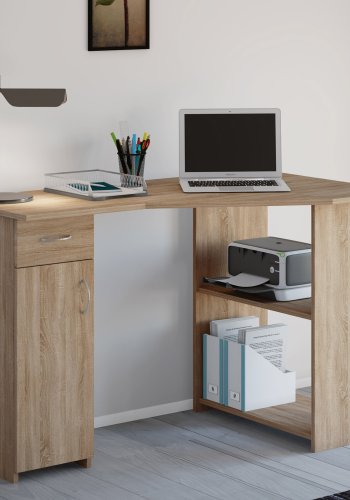 Linzia hjrneskrivebord, m. 1 lge, 2 hylder og 1 skuffe - natur tr