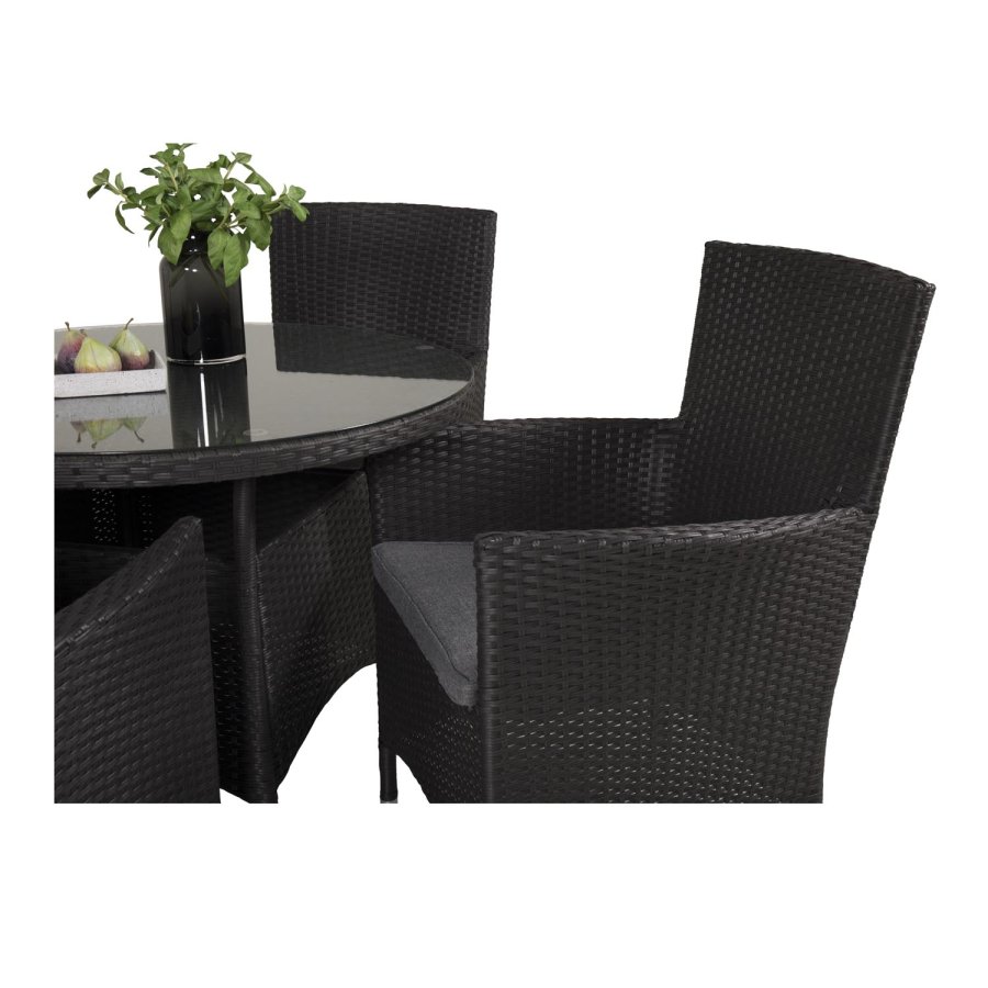 VENTURE DESIGN Malin havestol m. armln og gr stofhynde - sort rattan og aluminium