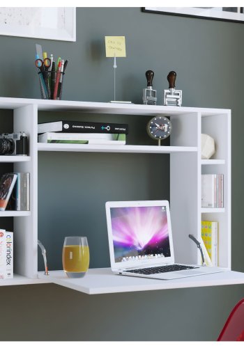 Wandila skrivebord til vggen, m. hylder - hvid tr