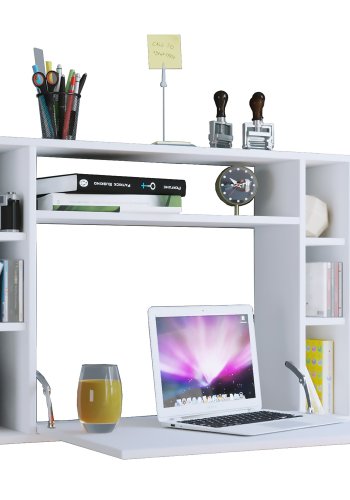 Wandila skrivebord til vggen, m. hylder - hvid tr