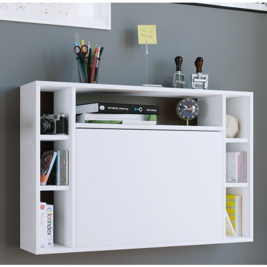 Wandila skrivebord til vggen, m. hylder - hvid tr