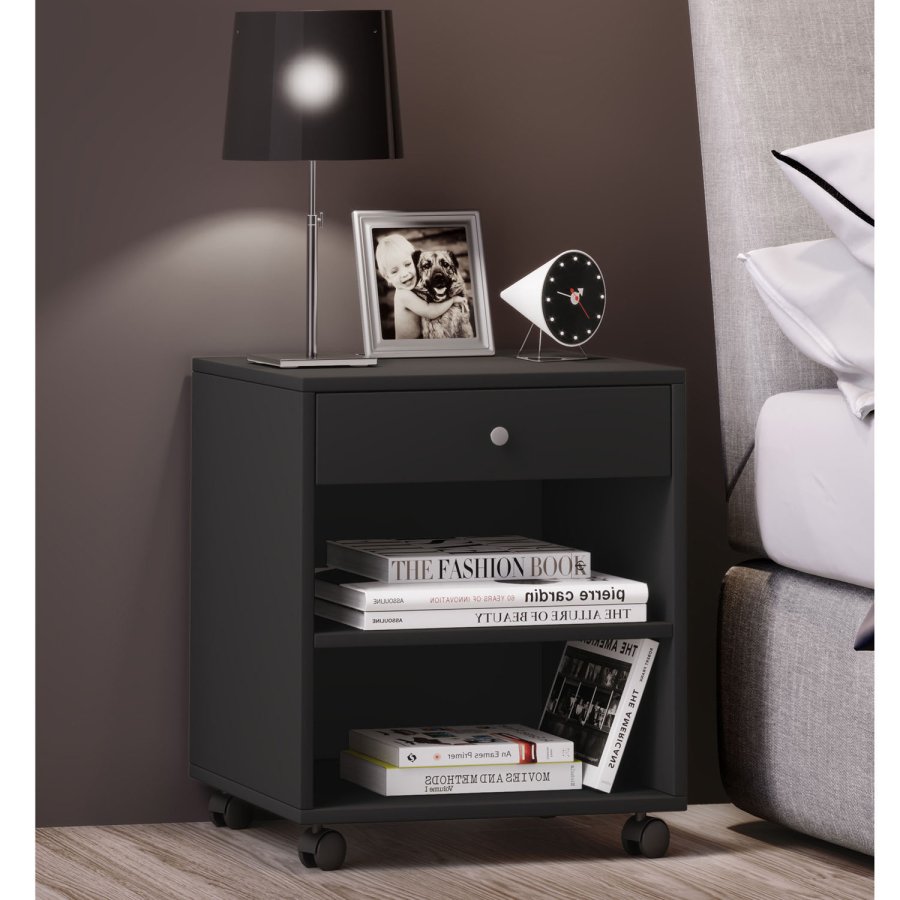 Rolda sengebord, m. 1 hylde og 1 skuffe - sort tr