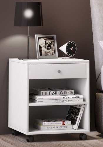 Rolda sengebord, m. 1 hylde og 1 skuffe - hvid tr