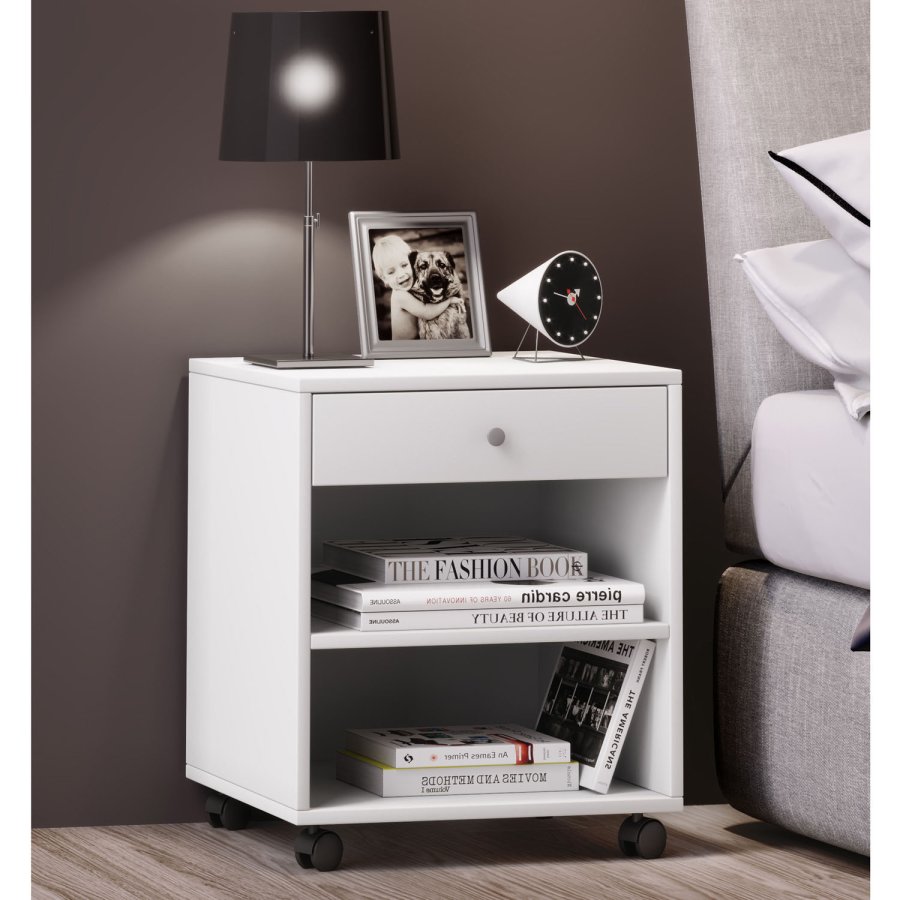 Rolda sengebord, m. 1 hylde og 1 skuffe - hvid tr