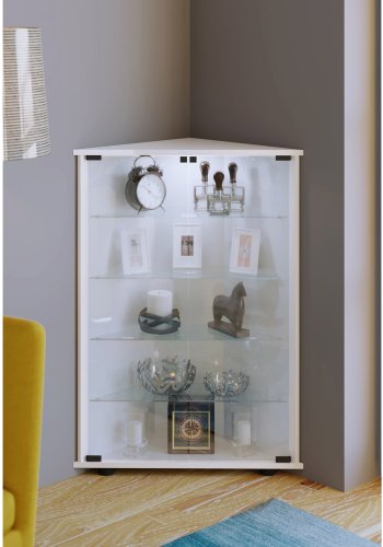 Jecka hjrneskab, m. 2 lger og 4 hylder - glas og hvid tr