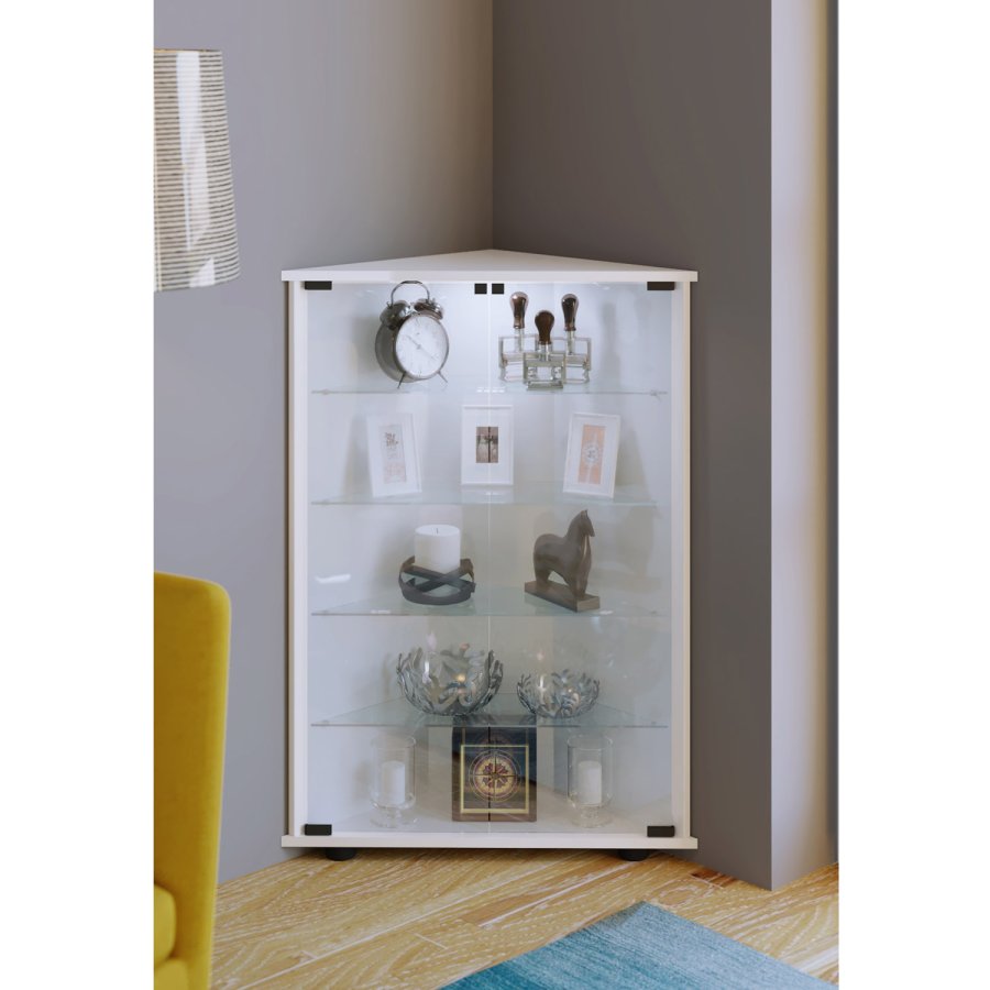 Jecka hjrneskab, m. 2 lger og 4 hylder - glas og hvid tr