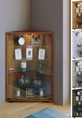 Jecka hjrneskab med LED, m 2 lger og 4 hylder - glas og hvid tr