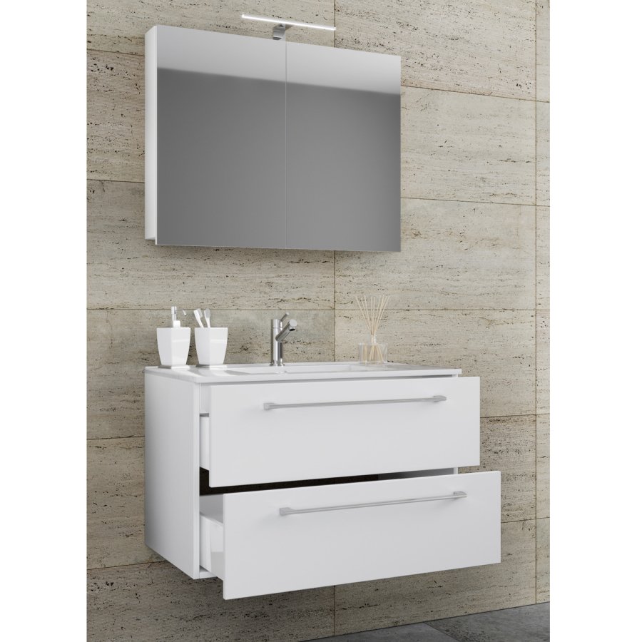 Sentas badevrelsesmbelst - spejlglas, keramik og hvid melamin