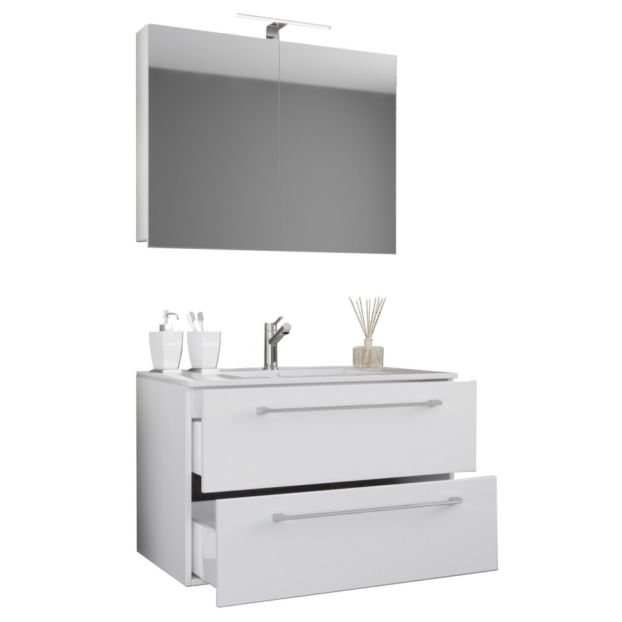 Sentas badevrelsesmbelst - spejlglas, keramik og hvid melamin