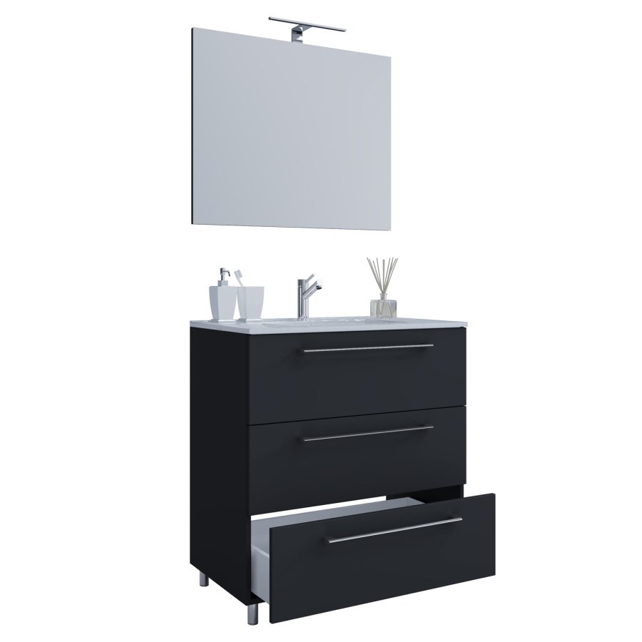 Sentas badevrelsesmbelst, m. ben - spejlglas, keramik og sort melamin