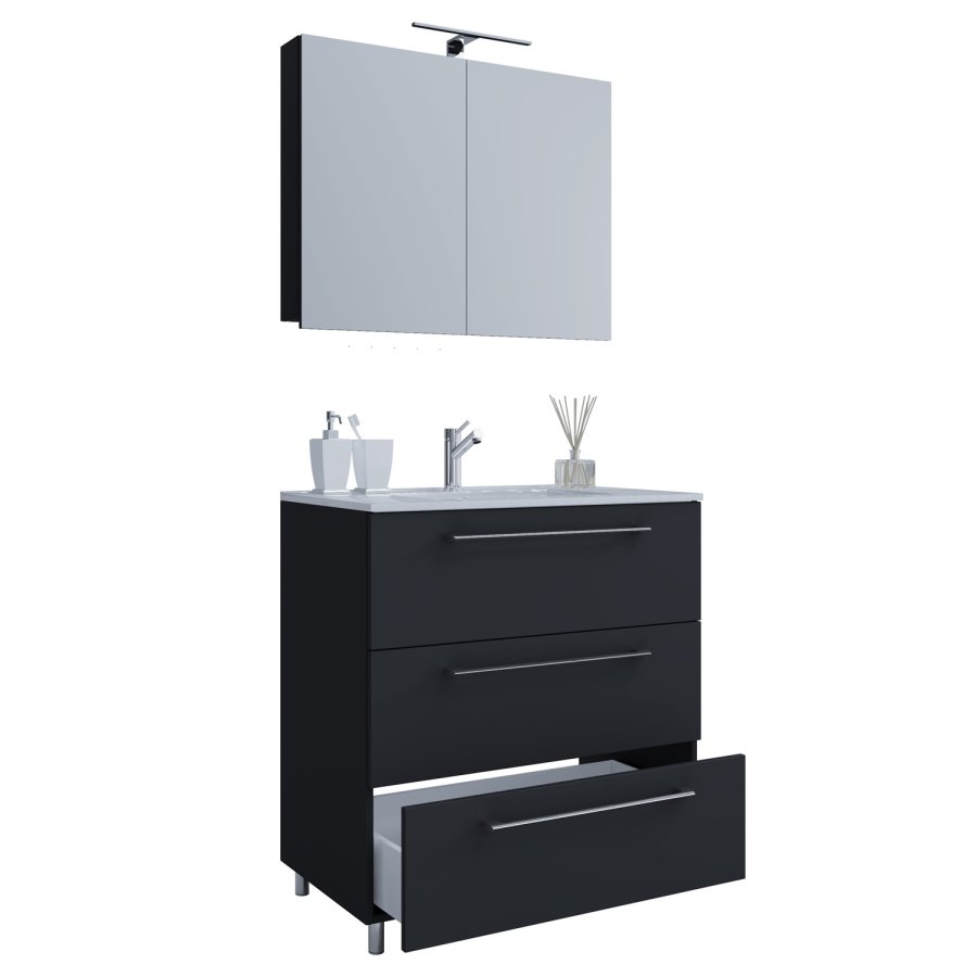 Sentas badevrelsesmbelst, m. ben - spejlglas, keramik og sort melamin