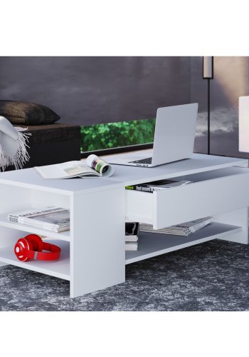 Tindus sofabord, m. 3 hylder og 1 skuffe - hvid tr