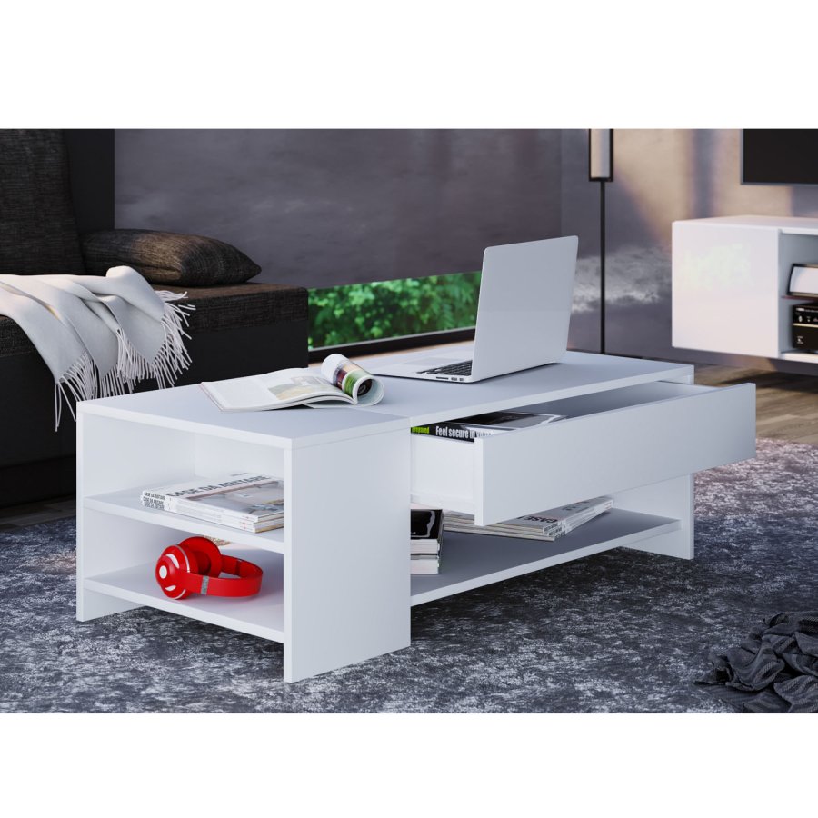Tindus sofabord, m. 3 hylder og 1 skuffe - hvid tr