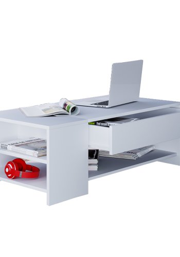 Tindus sofabord, m. 3 hylder og 1 skuffe - hvid tr