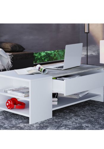 Tindus sofabord, m. 3 hylder og 1 skuffe - hvid og gr tr