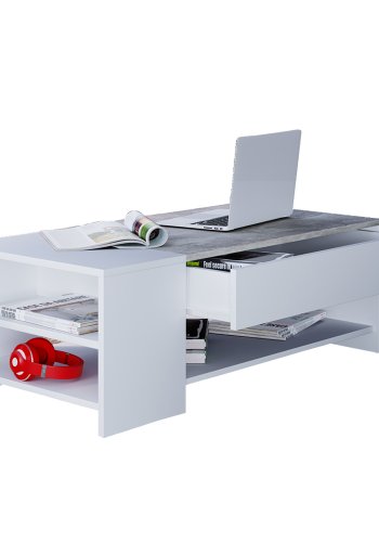 Tindus sofabord, m. 3 hylder og 1 skuffe - hvid og gr tr