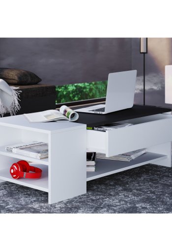 Tindus sofabord, m. 3 hylder og 1 skuffe - hvid og sort tr