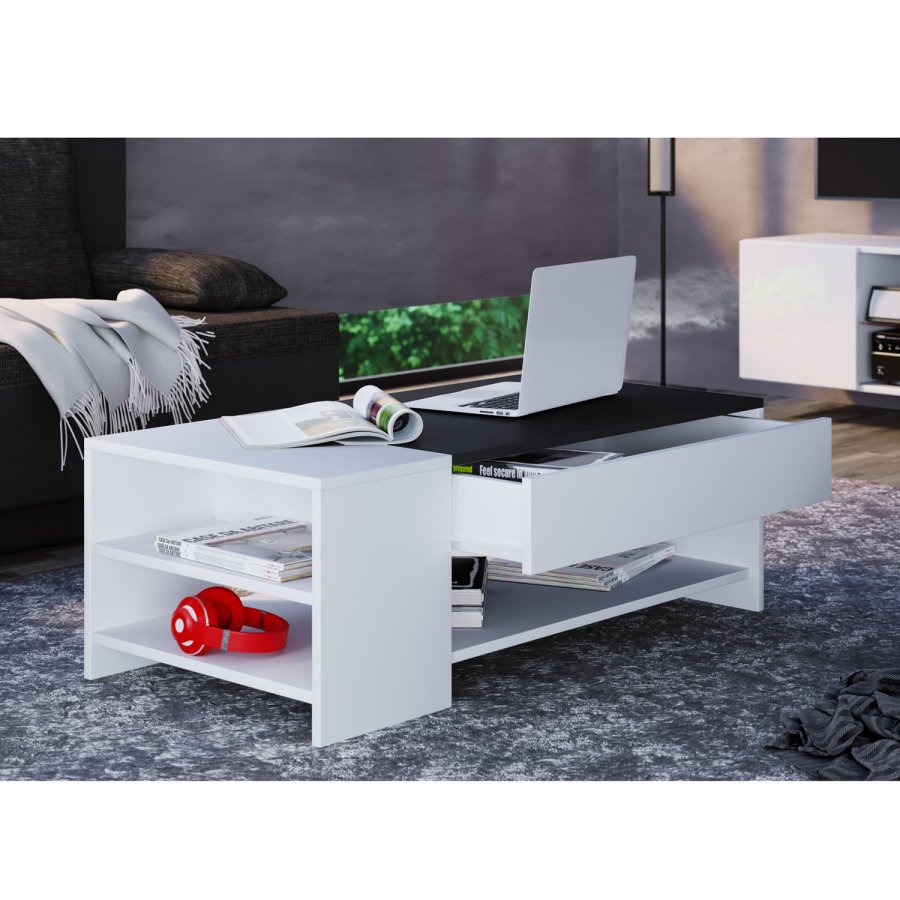 Tindus sofabord, m. 3 hylder og 1 skuffe - hvid og sort tr