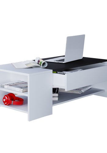 Tindus sofabord, m. 3 hylder og 1 skuffe - hvid og sort tr