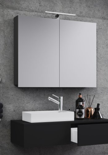 Gudas badevrelsesmbelst - spejlglas, keramik og sort melamin