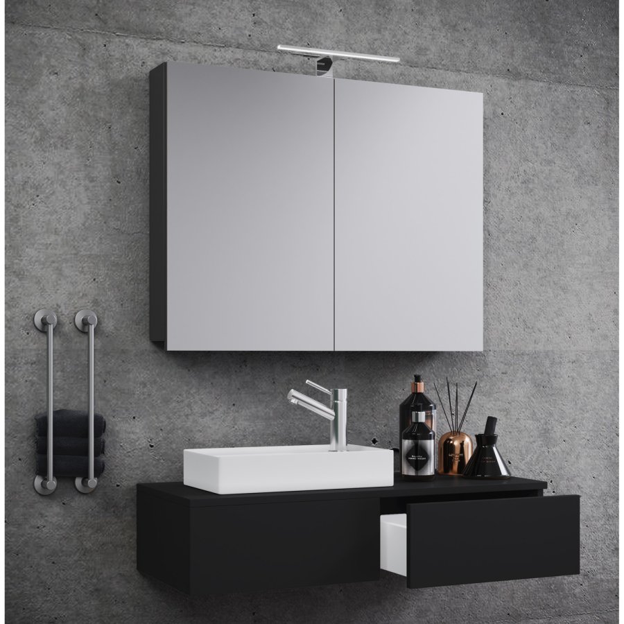 Gudas badevrelsesmbelst - spejlglas, keramik og sort melamin