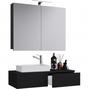 Gudas badevrelsesmbelst - spejlglas, keramik og sort melamin