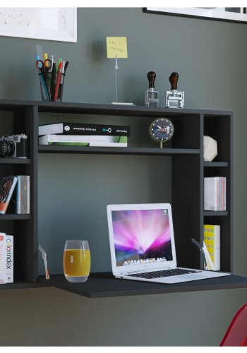Wandila skrivebord til vggen, m. hylder - sort tr
