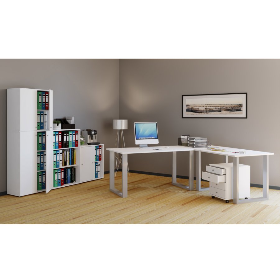 Lona U-feet hjrneskrivebord - hvid tr og slvgr metal (130x130x50)