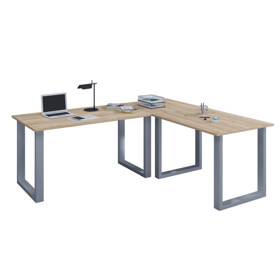 Lona U-feet hjrneskrivebord - natur tr og slvgr metal (130x130x50) 