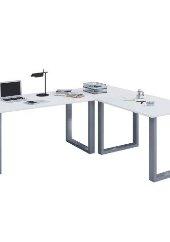 Lona U-feet hjrneskrivebord - hvid tr og slvgr metal (160x130x50)