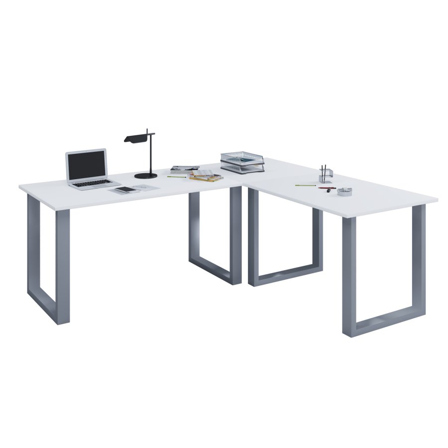 Lona U-feet hjrneskrivebord - hvid tr og slvgr metal (160x130x50)