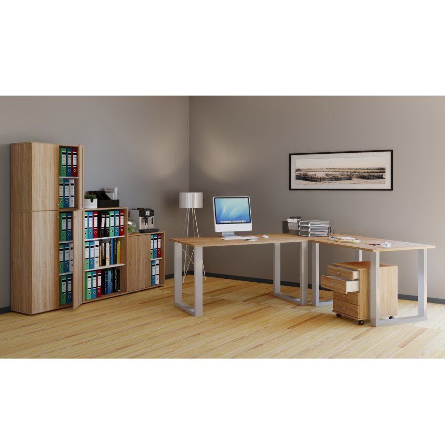 Lona U-feet hjrneskrivebord - natur tr og slvgr metal (160x130x50)